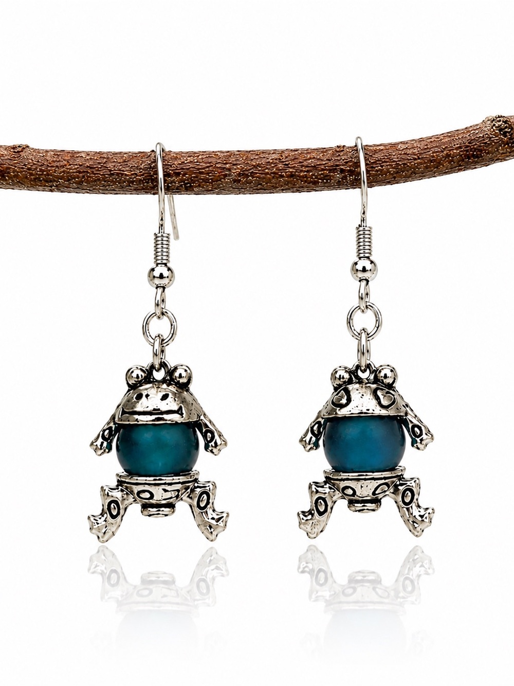Frog Dangle Earrings, Teal Blue Glass Beads, Whimsical Nature Jewelry